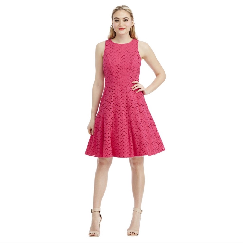 SOLD Maggy London Pink Eyelet Feminine Flare Dress